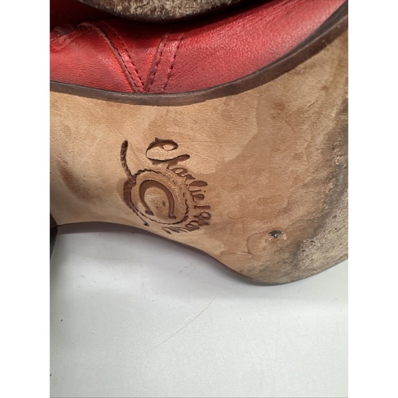 Women's Lucchese Charlie 1 Horse Red Ankle Boots Snip Toe Cowboy Zip Sz 9b - Picture 10 of 10